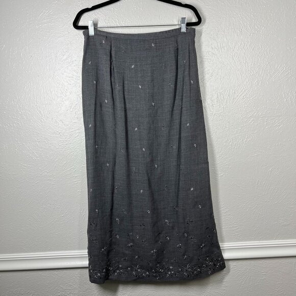 Vintage Y2K Talbots Gray Floral Embroidered Wool Blend Midi Length Pencil Skirt - Picture 1 of 10